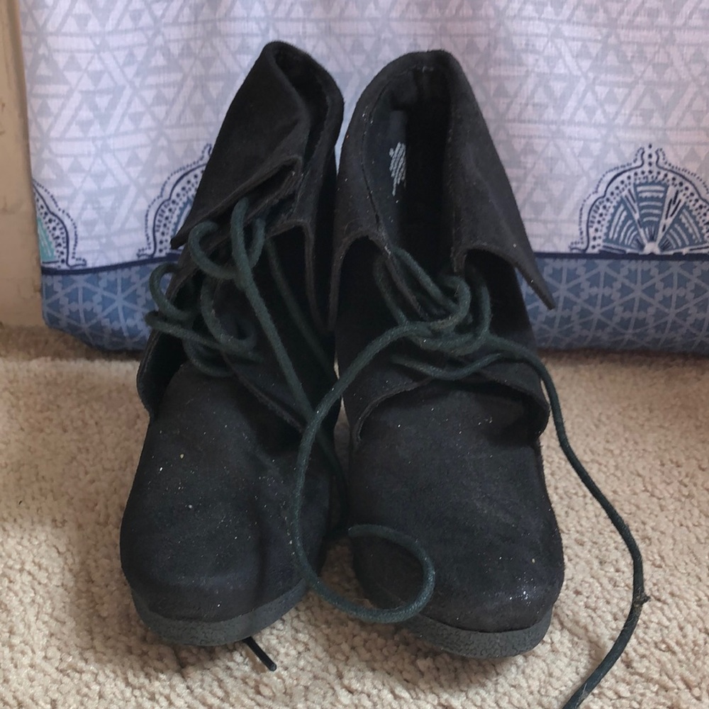 Black lace up wedge booties faux suede